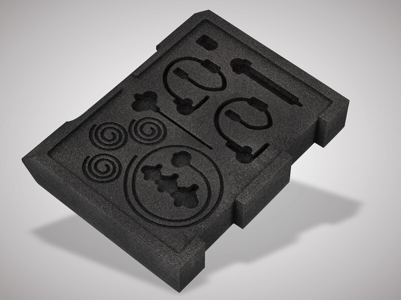 Maßgefertigte Koffereinlage für technische Komponenten – aixPAD Schaumstoffeinlage mit individuellen Ausschnitten für runde und spiralförmige Teile