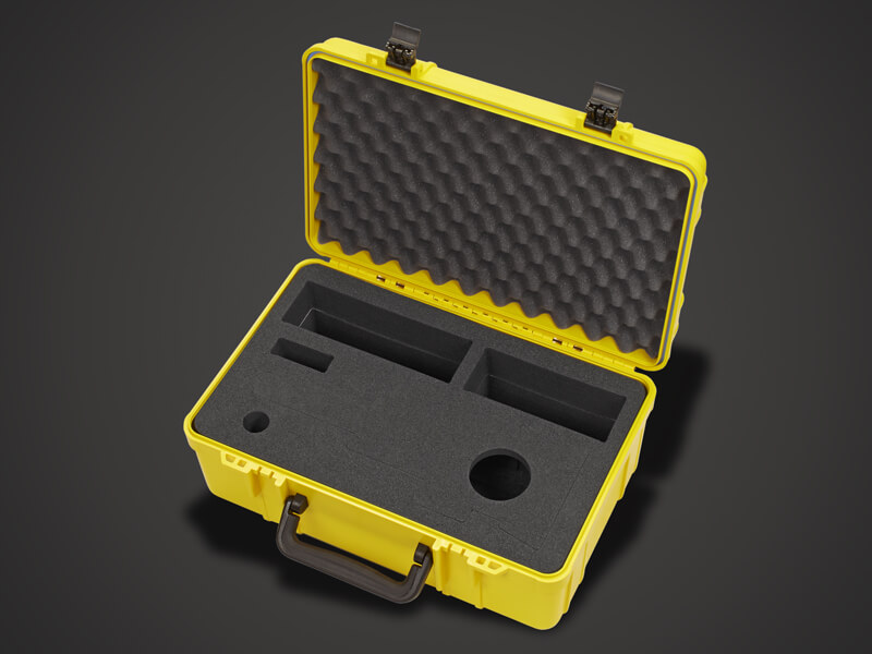 Robuste Schaumstoffeinlage im Transportkoffer – aixPAD Gelber Koffer mit individuell angepasster Koffereinlage für sichere Aufbewahrung