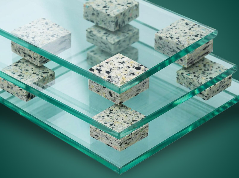 aixPAD Schwerschaum Pads zwischen Glasscheiben